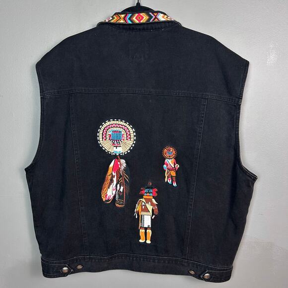 Western Denim Vest Embroidered Aztec Kachina Black XL Cambridge Goods Oversized - Picture 2 of 9